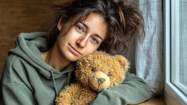 A woman is hugging a teddy bear. She is wearing a green hoodie. Scene is sad and comforting