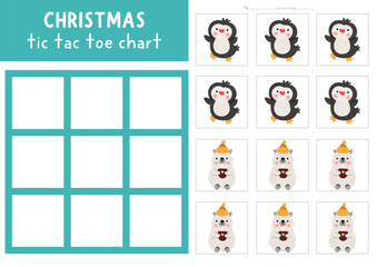 Vector Christmas tic tac toe chart with Santa Claus and deer. New Year board game playing field with cute characters. Funny printable worksheet. Winter holiday noughts and crosses grid