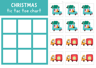 Vector Christmas tic tac toe chart with birds driving car and truck. New Year board game playing field with cute characters. Funny printable worksheet. Winter holiday noughts and crosses grid