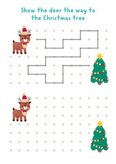 Christmas or New Year drawing, writing, tracing, space orientation activity for kids with deer, decorated fir tree. Draw lines in box according example. Winter holiday printable game, puzzle