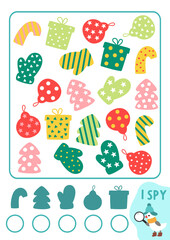 Christmas counting and shape recognition game with cute traditional symbols. Math and shadow matching activity for kids. New Year printable worksheet with present, mitten, tree