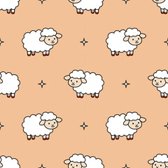 Cute rural seamless pattern with sheep and stars on beige background. Baby print. Pattern for baby textile and fabric, wrapping paper, notebooks, notepads, phone case