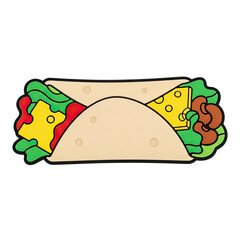 Flat vector illustration of a delicious burrito filled with fresh lettuce melted yellow cheese and savory ground meat with a ketchup drizzle perfect