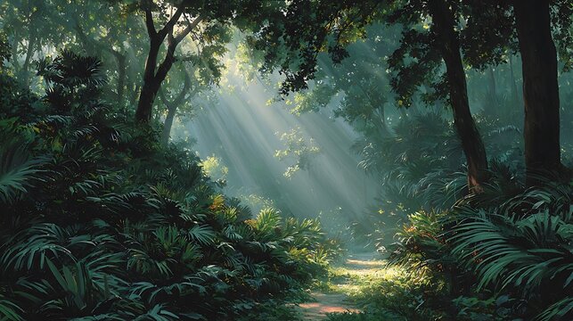Sunbeams pierce the dense jungle canopy illuminating a winding path through lush tropical foliage