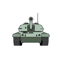 Front view of a modern military tank with olive green camouflage in a shadowed environment showcasing its powerful treads and turret with a sleek