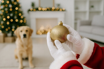 Obraz premium Santa claus holding a golden christmas ornament with labrador dog by a christmas tree indoors. concept of holiday cheer, festive decor, christmas celebration