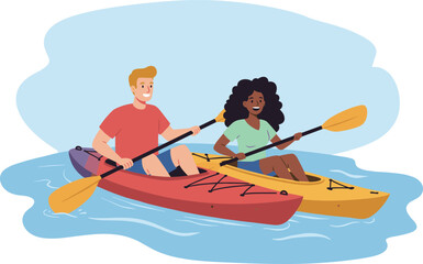 Kayaking adventure illustration, outdoor activity, red kayak, yellow kayak, paddling motion, water waves, teamwork, summer sport, nature fun, active lifestyle