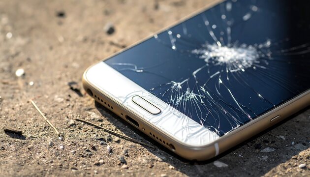 Close-up of a damaged cell phone with a shattered screen lying on rough concrete