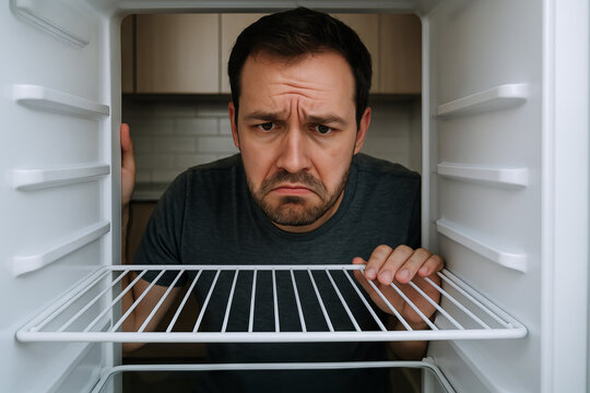 Disappointed caucasian man looking at an empty fridge with a sad expression at home. concept of hunger, food shortage, empty refrigerator, home kitchen dilemma, unstocked fridge.