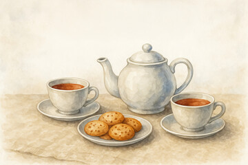 Fototapeta premium Watercolor tea set for two with cups and cookies in a serene setting. concept of cozy atmosphere, tea time relaxation, hospitality.