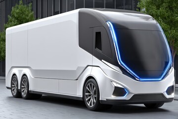 Naklejka premium Futuristic autonomous delivery vehicle parked in urban setting showcasing innovative design and advanced technology illuminated with LED lights emphasizing modern transportation solutions