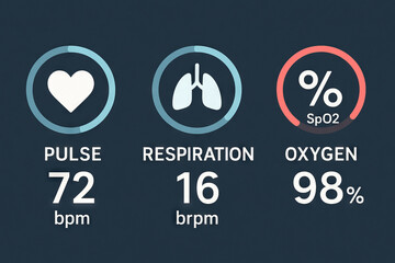 Monitoring biometric indicators displaying heart rate, respiration rate, and oxygen levels for health analysis concept of medical data analytics, vital signs monitoring, digital health