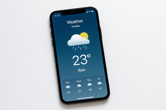 Smartphone with weather app displaying cloudy forecast on modern screen isolated on white background. concept of technology, weather forecasting, digital communication - Powered by Adobe