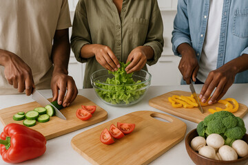 Friends cooking together in kitchen with fresh vegetables including lettuce, tomatoes, cucumbers, and bell peppers. concept of culinary collaboration, healthy meal preparation, homemade cooking