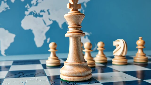 Chess King's Strategic Gambit: A king stands as the central piece on a chessboard with a blurred world map background, symbolizing global strategy and complex planning.