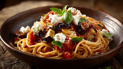 Authentic Italian Pasta alla Norma in Rustic Wooden Background