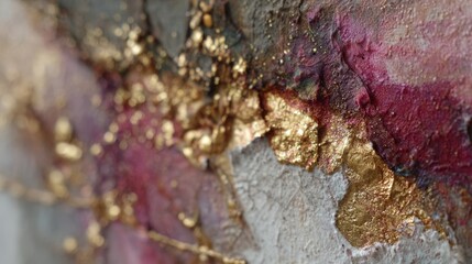 Abstract mixed media artwork featuring gold leaf accents and rich textural elements