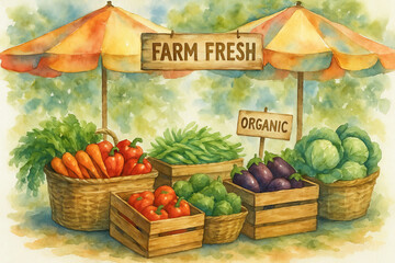 Watercolor farm market scene with fresh vegetables under umbrellas, featuring carrots, tomatoes, and cabbages. concept of organic produce, healthy lifestyle, vibrant market.