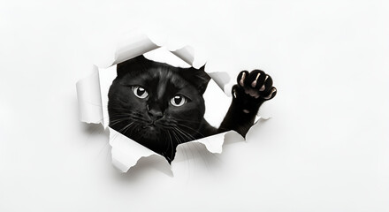 A black cat with big green eyes peeking cutely through torn white paper, showing a curious and adorable expression.