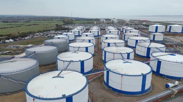Aerial pull back reveal drone view of oil and gas storage silos and piping, petrol chemical tankers for energy generation and production on the River Thames, London,  United Kingdom 