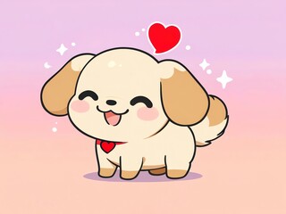 A cartoon puppy with a red heart collar smiles happily