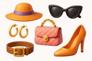 Fashionable accessories set with hat, sunglasses, earrings, handbag, belt, and heels. concept of stylish outfit, fashion trends, clothing accessories, SET