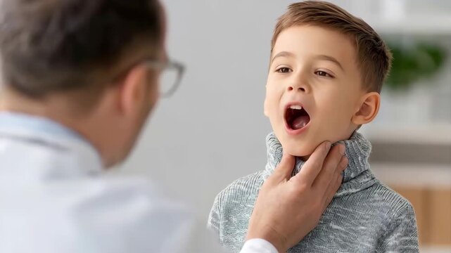 A male doctor in glasses examines a young boy's throat, checking for a possible illness during a routine check-up.