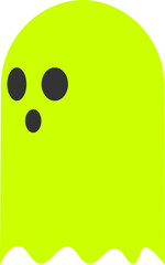 Bright cute Halloween ghost illustration in neon yellow with surprised expression. Perfect for festive party invites, kids decorations, cartoon stickers, and holiday designs.