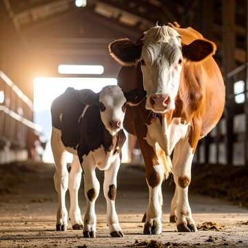 Cow & calf stand in barn