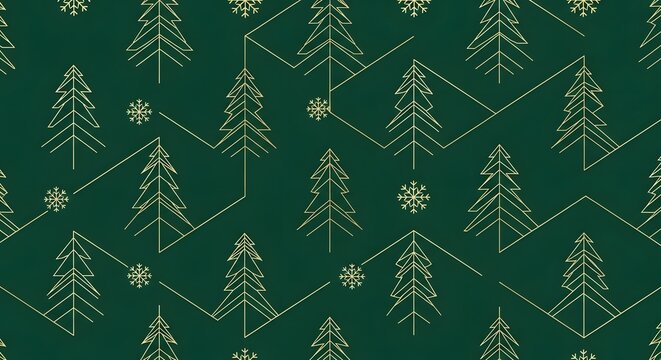 Elegant seamless Christmas pattern with gold geometric trees and snowflakes on an emerald green background, a luxury holiday design