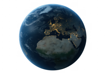 Earth globe at night showing europe and africa city lights from space, global communication network, transparent background