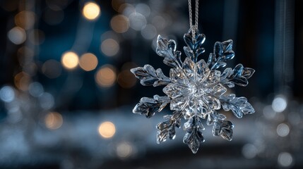Fototapeta premium Crystal snowflake ornament. Transparent glass against dark background