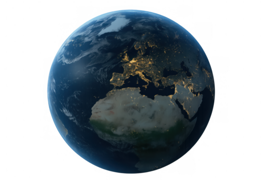 Earth globe at night showing europe and africa city lights from space, global communication network, transparent background