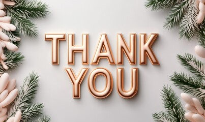 Rose gold thank you text centered on a white background, framed by snow-dusted pine branches and decorative elemenents, conveying gratitude