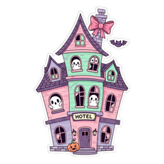 Whimsical pastel haunted hotel with cute ghosts peeking from windows decorated with a pink bow on the chimney and a small pumpkin at the entrance set