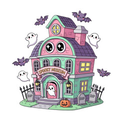 Whimsical Pastel Haunted House Illustration with Cute Ghosts and Bats for Halloween Decorations and Spooky Themed Designs featuring a light pink and