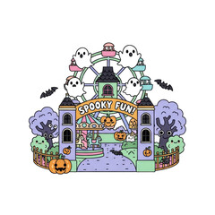 Whimsical pixel art amusement park entrance decorated for Halloween featuring a Ferris wheel playful pumpkins and spooky trees with 'Spooky Fun'