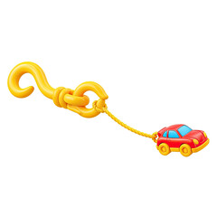 Whimsical Red Toy Car Being Pulled by a Large Yellow Hook and Chain on a Warm Orange Gradient Background with Subtle Lighting Effects Creating a