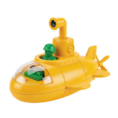 Yellow Toy Submarine with Green Soldier Figure Navigating Underwater Depths in a Playful Ocean Environment Captured in a Studio Setting with Soft