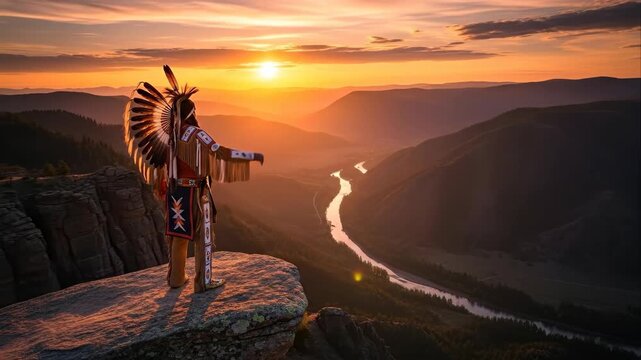 indigenous chief in traditional regalia stands on mountain cliff at sunrise. cultural native american heritage. spiritual and majestic scene overlooking river valley.
