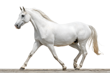 Majestic purebred white horse gracefully trots on sandy ground, showcasing power and elegance in motion.