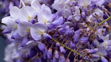 Delicate purple and white flowers covered in water droplets after rain.
