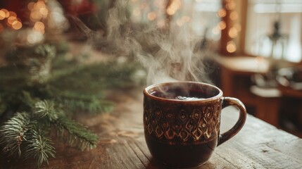 Obraz premium Ceramic mug filled with mulled wine. Wooden table with pine branches. Cozy cafe