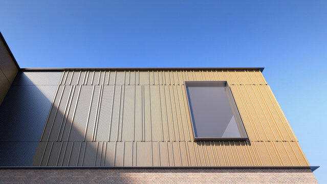 Modern Wood Facade and Sky Abstract: Warm Timber Slats and Clean Lines for Contemporary Building Design Visuals for Interior Decor Magazines, Architecture Firm Portfolios & Housing Development Mockups - Powered by Adobe