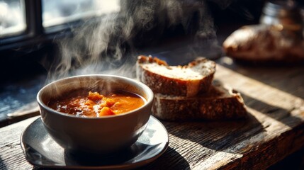 Steaming bowl of soup with crusty bread. Weathered wooden table. Winter cafe