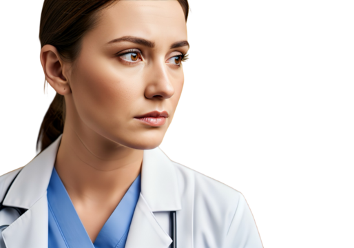 Serious female doctor looking aside with calm and thoughtful expression, isolated on white background