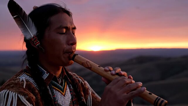 heritage, music, and cultural expression. native american man playing traditional wooden flute with intricate carvings and traditional attire, set against natural sunset background.