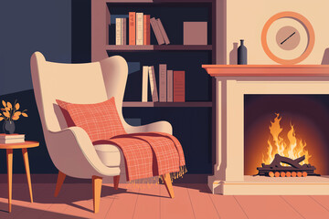 Warm retro interior with armchair, plaid blanket, bookshelf, and fireplace glowing in evening light, cozy mid-century home mood