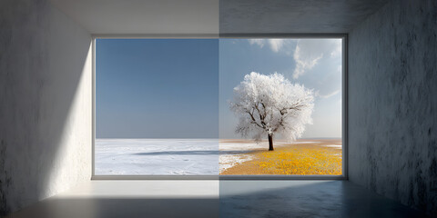 Obraz premium Window to Seasons: A striking visual narrative of the seasons, framed by a concrete window, with a view splitting winter and a vibrant, flourishing summer. The scene juxtaposes cold.