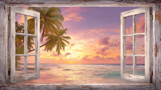 Open window frames a tropical beach sunset with palm trees.